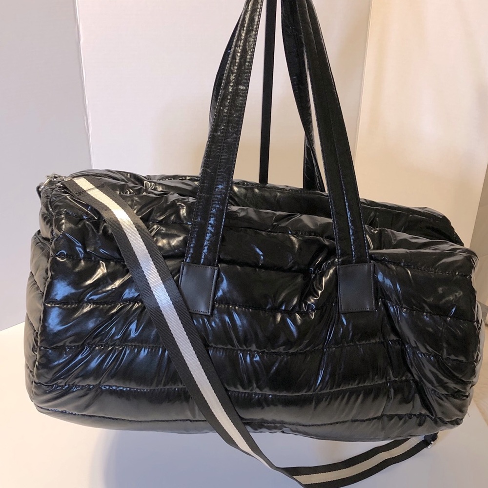 Black metallic duffel overnight bag